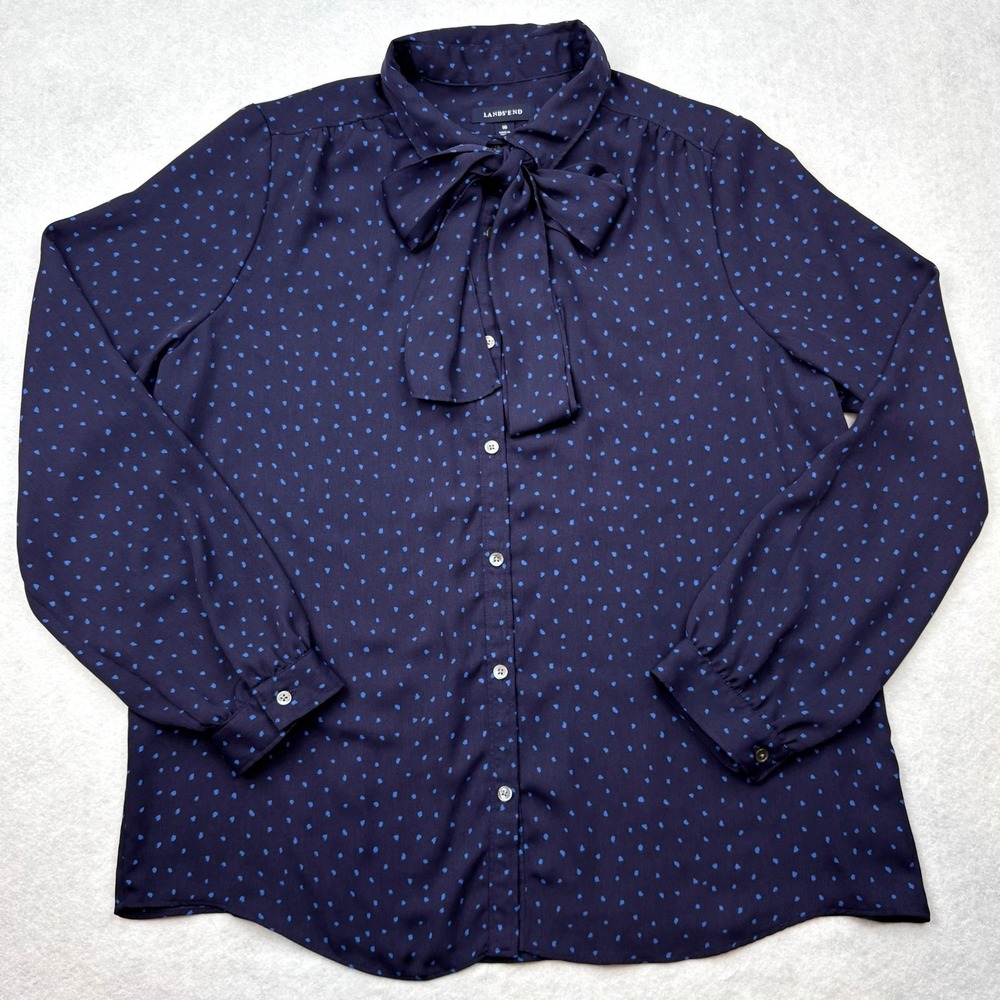 Lands' End Navy Blouse with Light Blue Dot Tie Neck